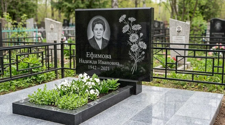 Памятник с гравировкой ромашек — выполненная работа «Ефимова» в Челябинске