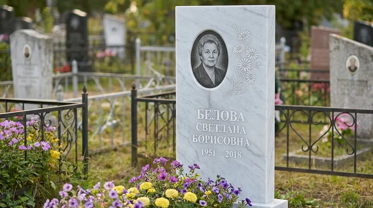 Памятник с гравировкой ромашек — выполненная работа «Белова» в Челябинске