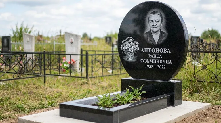 Памятник с гравировкой ромашек — выполненная работа «Антонова» в Челябинске