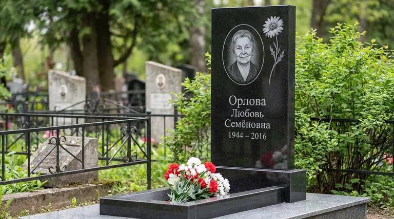Памятник с гравировкой ромашек — выполненная работа «Орлова» в Челябинске