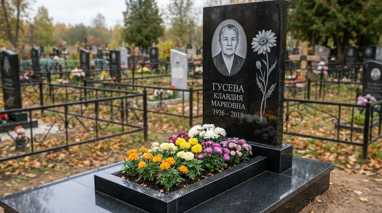 Памятник с гравировкой ромашек — выполненная работа «Гусева» в Челябинске