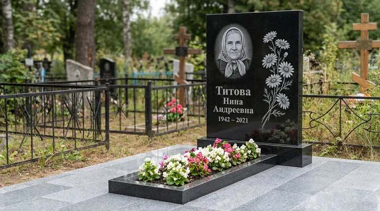 Памятник с гравировкой ромашек — выполненная работа «Титова» в Челябинске