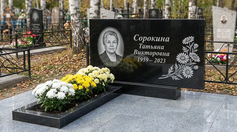 Памятник с гравировкой ромашек — выполненная работа «Сорокина» в Челябинске