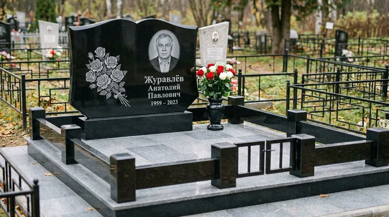 Памятник с гравировкой роз — выполненная работа «Журавлёв» в Челябинске