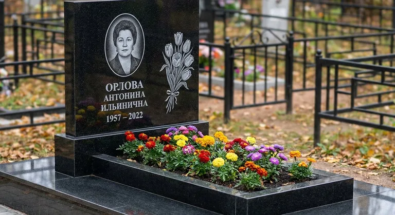 Памятник с гравировкой тюльпанов — выполненная работа «Орлова» в Челябинске