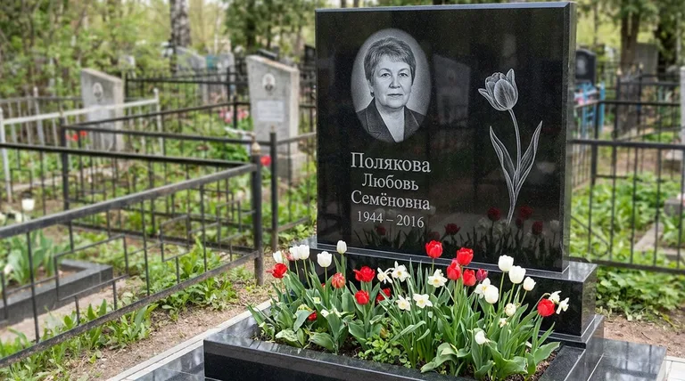 Памятник с гравировкой тюльпанов — выполненная работа «Полякова» в Челябинске