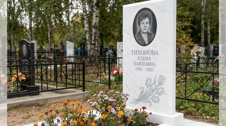 Памятник с гравировкой тюльпанов — выполненная работа «Тихонова» в Челябинске