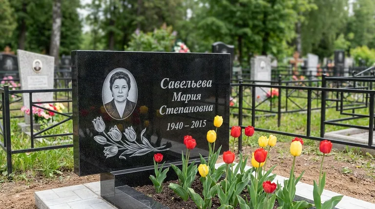 Памятник с гравировкой тюльпанов — выполненная работа «Савельева» в Челябинске