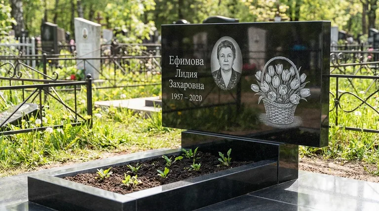 Памятник с гравировкой тюльпанов — выполненная работа «Ефимова» в Челябинске