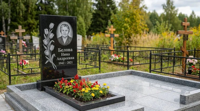 Памятник с гравировкой тюльпанов — выполненная работа «Белова» в Челябинске