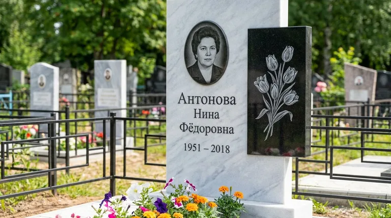 Памятник с гравировкой тюльпанов — выполненная работа «Антонова» в Челябинске