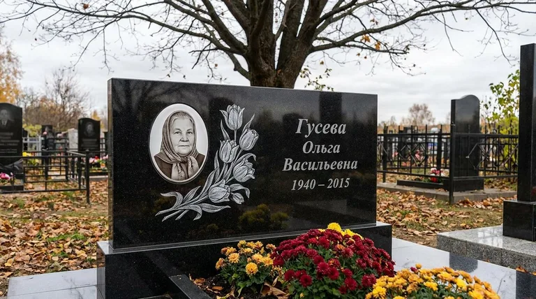 Памятник с гравировкой тюльпанов — выполненная работа «Гусева» в Челябинске