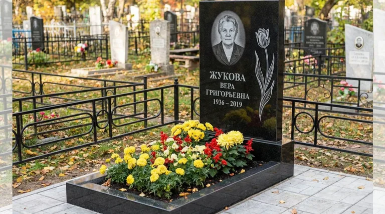 Памятник с гравировкой тюльпанов — выполненная работа «Жукова» в Челябинске