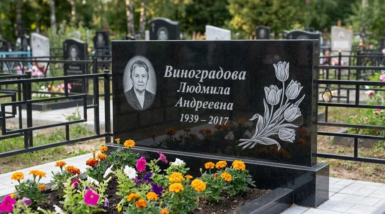 Памятник с гравировкой тюльпанов — выполненная работа «Виноградова» в Челябинске