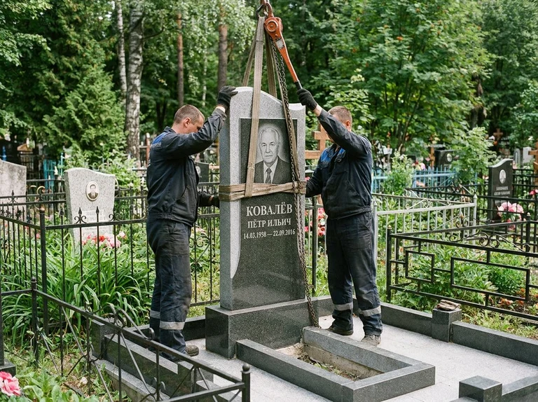 Демонтаж памятника на кладбище в Челябинске — бригада аккуратно снимает старый гранитный памятник с могилы