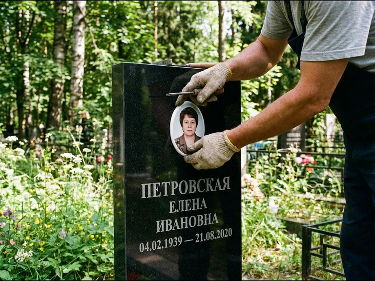 Фото на керамике на памятник в Челябинске — мастер устанавливает овальный керамический портрет на гранитный памятник