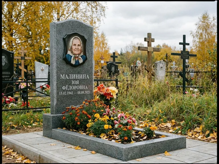 Чёрно-белый керамический портрет на памятнике в Челябинске