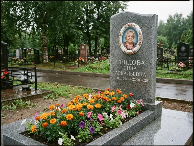 Керамический портрет на памятнике с цветами в Челябинске
