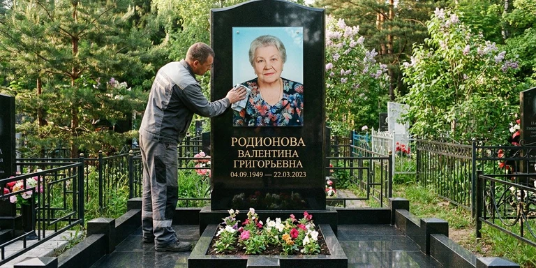 Фотокерамика и печать фото на памятник в Челябинске — мастер устанавливает цветной портрет на стекле на гранитный памятник