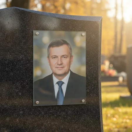 Портрет на стекле на держателях на чёрном граните в Челябинске