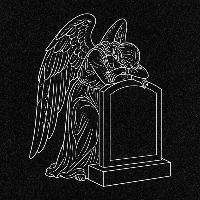 Эскиз гравировки ангела на памятник — печальный ангел у плиты в Челябинске