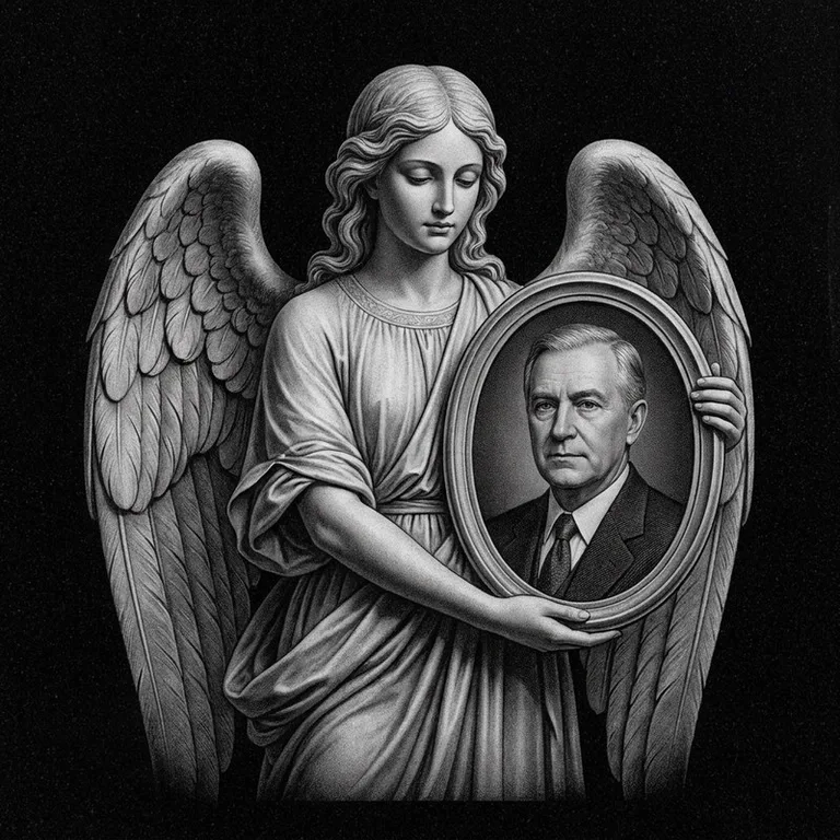 Эскиз гравировки ангела на памятник — объёмный ангел с портретом в Челябинске