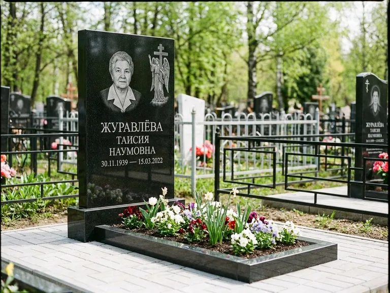 Памятник с гравировкой ангела — гравировка ангела с голубем по диагонали стелы, работа «Журавлёва» в Челябинске