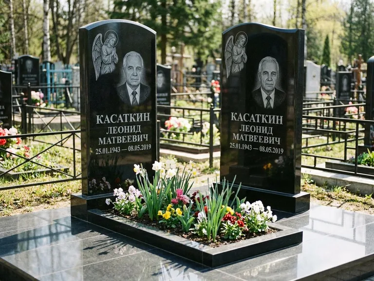 Памятник с гравировкой ангела — гравировка молящегося ангела в верхней части стелы, работа «Касаткин» в Челябинске