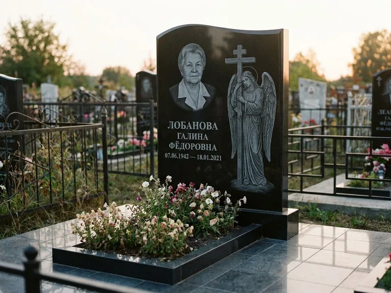 Памятник с гравировкой ангела — гравировка ангела с крестом рядом с эпитафией, работа «Лобанова» в Челябинске