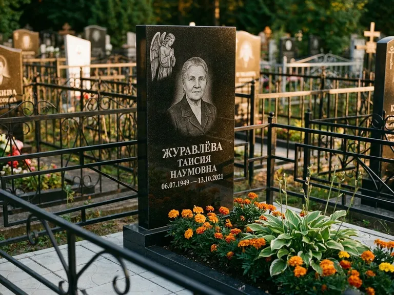 Памятник с гравировкой ангела — гравировка молящегося ангела в верхней части стелы, работа «Журавлёва» в Челябинске