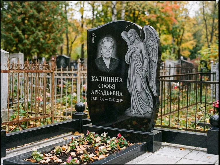Памятник с гравировкой ангела — гравировка ангела с крестом рядом с эпитафией, работа «Игнатова» в Челябинске