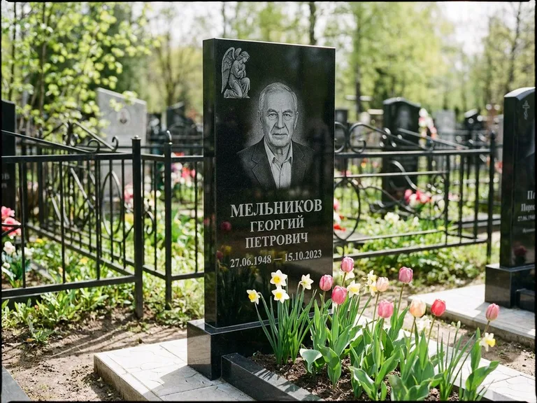 Памятник с гравировкой ангела — гравировка ангела с голубем по диагонали стелы, работа «Доронин» в Челябинске