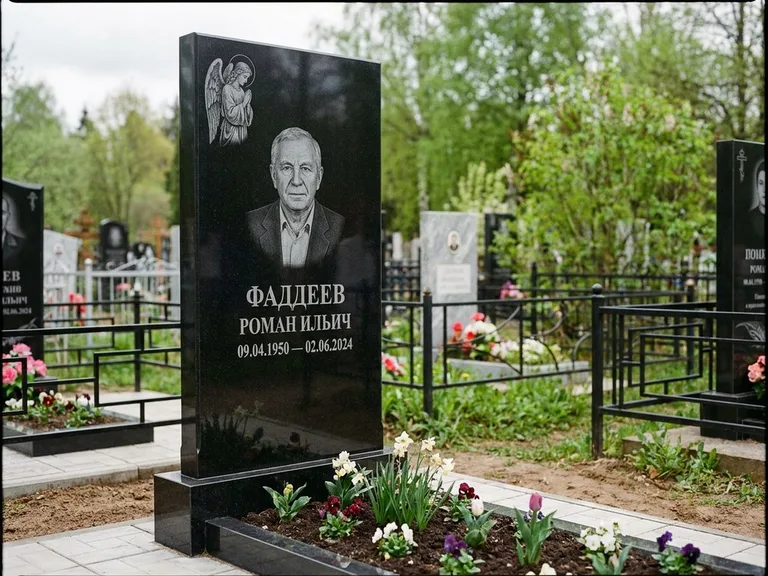 Памятник с гравировкой ангела — гравировка молящегося ангела в верхней части стелы, работа «Фаддеев» в Челябинске