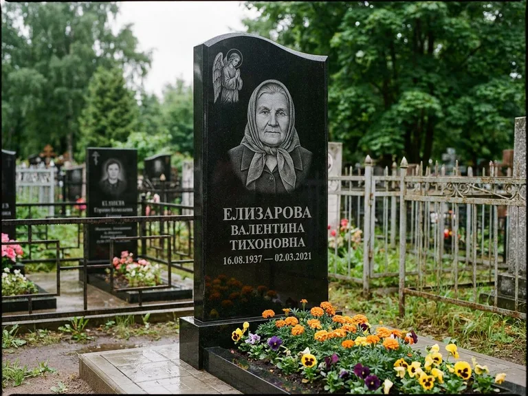 Памятник с гравировкой ангела — гравировка ангела с голубем по диагонали стелы, работа «Пантелеева» в Челябинске