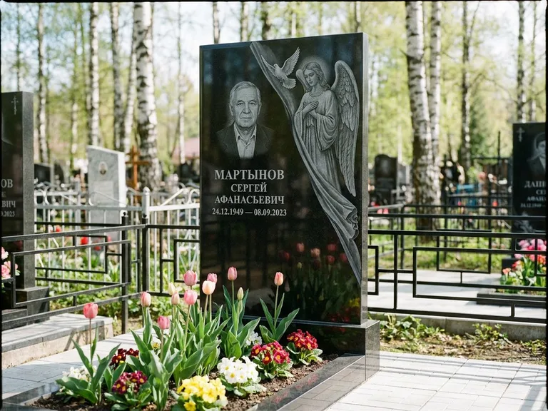 Памятник с гравировкой ангела — гравировка двух ангелов по сторонам портрета, работа «Касаткин» в Челябинске