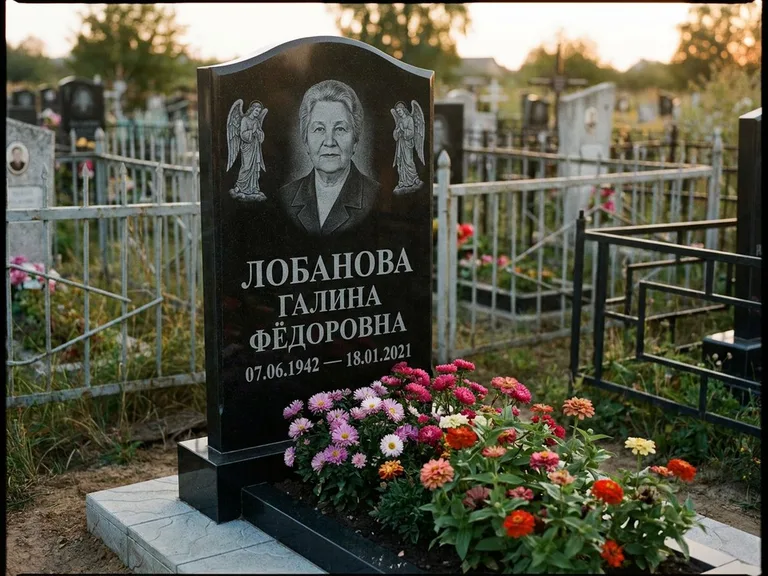 Памятник с гравировкой ангела — гравировка двух ангелов по сторонам портрета, работа «Лобанова» в Челябинске