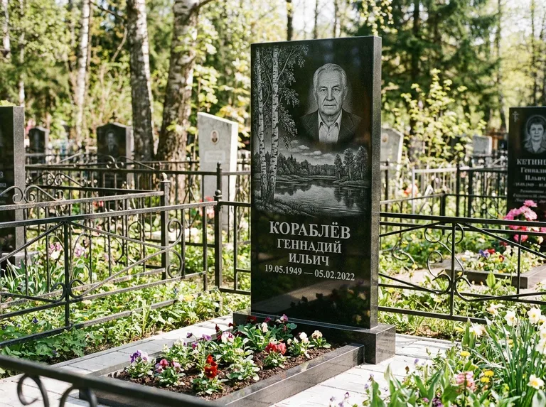 Памятник с гравировкой берёзы — гравировка берёзы у зеркального озера, работа «Кораблёв» в Челябинске