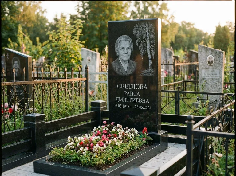 Памятник с гравировкой берёзы — гравировка плакучей берёзы с тонкими ветвями, работа «Светлова» в Челябинске