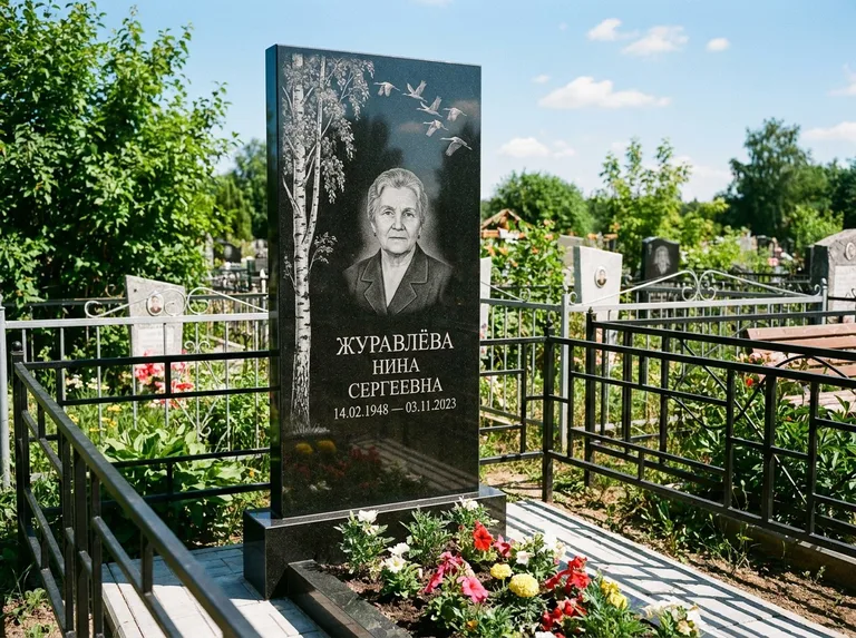 Памятник с гравировкой берёзы — гравировка берёзы с журавлиным клином в небе, работа «Журавлёва» в Челябинске