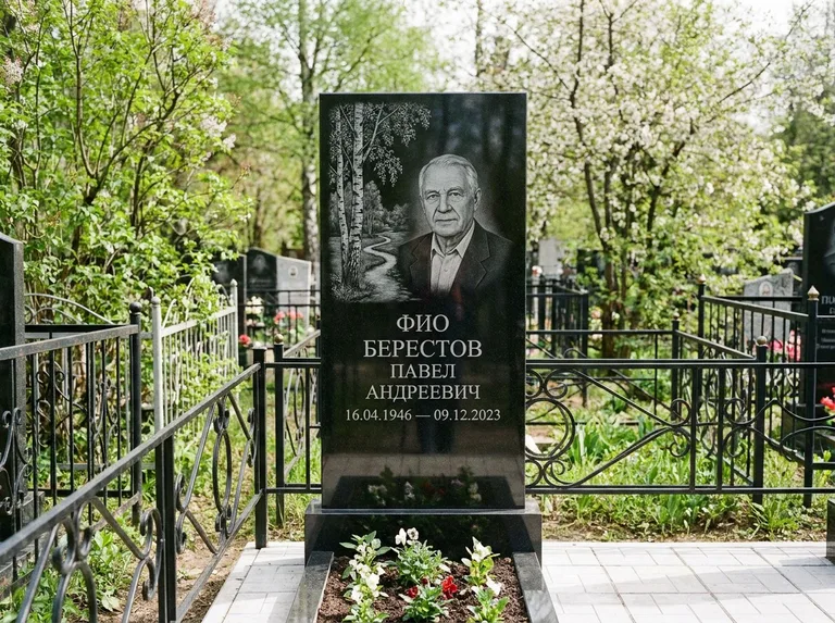 Памятник с гравировкой берёзы — гравировка берёзы у тропинки, уходящей вдаль, работа «Берестов» в Челябинске