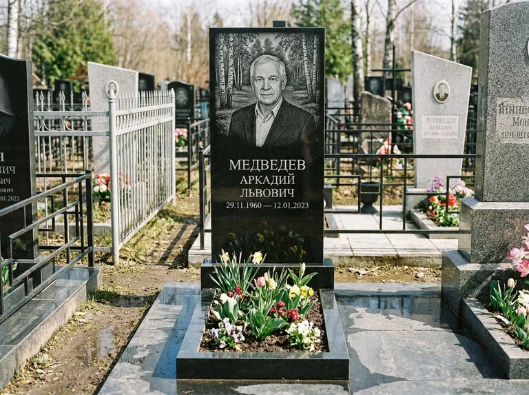 Памятник с гравировкой берёзы — гравировка берёзовой рощи в глубину, работа «Медведев» в Челябинске