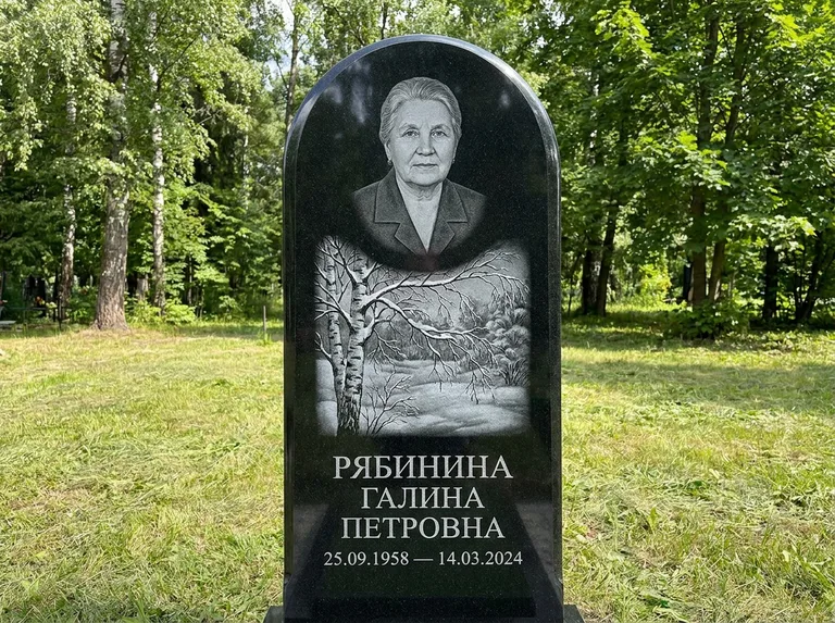 Памятник с гравировкой берёзы: стела с плавным арочным верхом — зимняя берёза, снег на ветвях, газон без ограды, стриженая трава, работа «Рябинина» в Челябинске