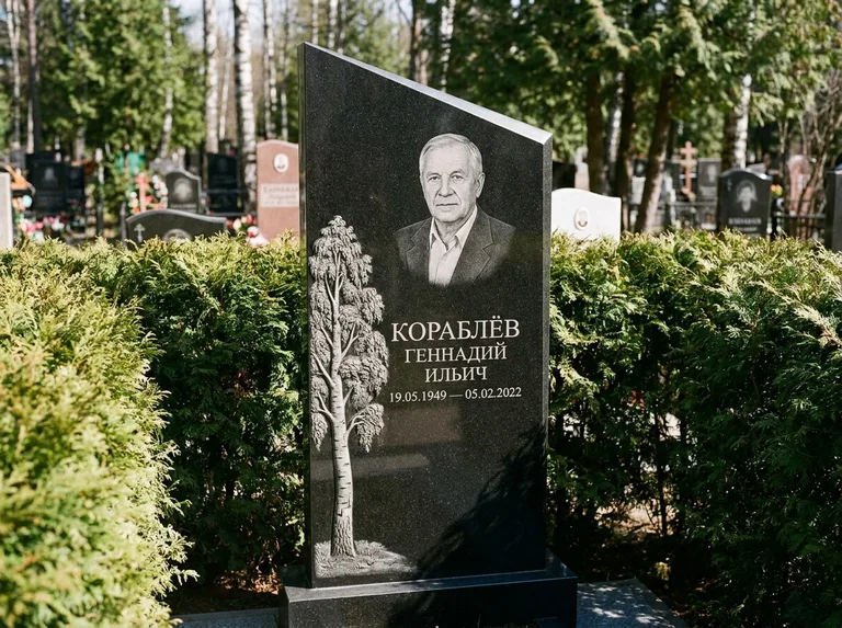 Памятник с гравировкой берёзы: асимметричная скошенная стела — объёмная одинокая берёза с фактурной корой, живая изгородь из туи, работа «Кораблёв» в Челябинске