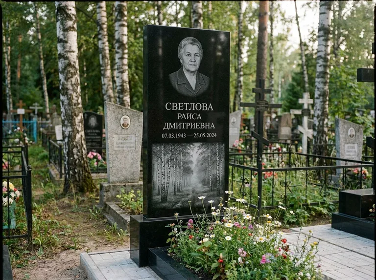 Памятник с гравировкой берёзы: двойная семейная стела — берёзовая роща в лёгкой дымке, цветник с полевыми цветами, работа «Светлова» в Челябинске