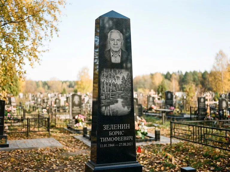 Памятник с гравировкой берёзы: гранёный обелиск-колонна — берёза у воды с отражением, открытый участок, мягкий свет, работа «Зеленин» в Челябинске