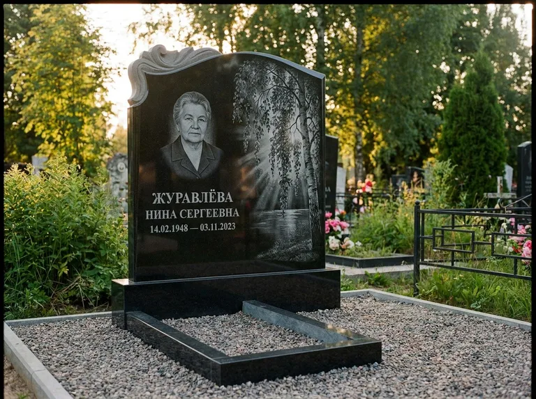 Памятник с гравировкой берёзы: стела с фигурным резным верхом — плакучая берёза в контровом свете, гравийная отсыпка, рассвет, работа «Журавлёва» в Челябинске