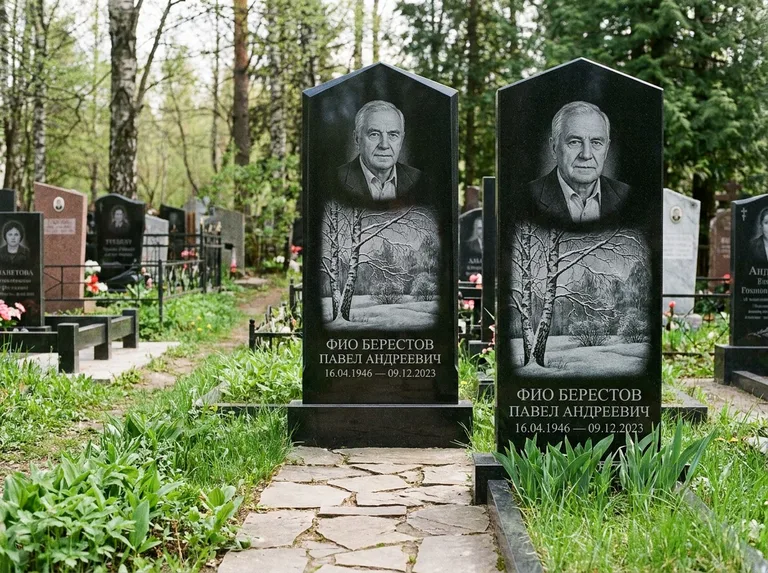 Памятник с гравировкой берёзы: массивная стела с двускатным навершием — зимняя берёза, снег на ветвях, дорожка из природного плитняка, работа «Берестов» в Челябинске