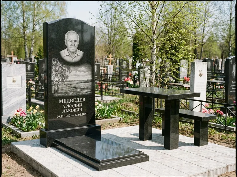 Памятник с гравировкой берёзы: стела с гранитным столиком и скамьёй — берёза у поля, простор до горизонта, семейный участок с плиткой, работа «Медведев» в Челябинске