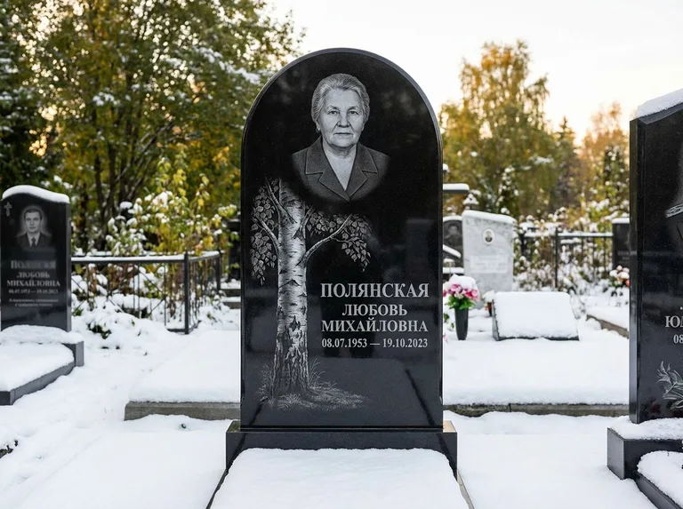 Памятник с гравировкой берёзы: полукруглая стела — объёмная одинокая берёза с фактурной корой, заснеженный зимний участок, работа «Полянская» в Челябинске