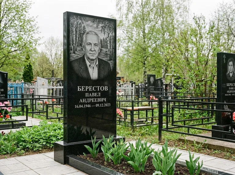 Памятник с гравировкой берёзы — гравировка берёзовой рощи в глубину, работа «Берестов» в Челябинске